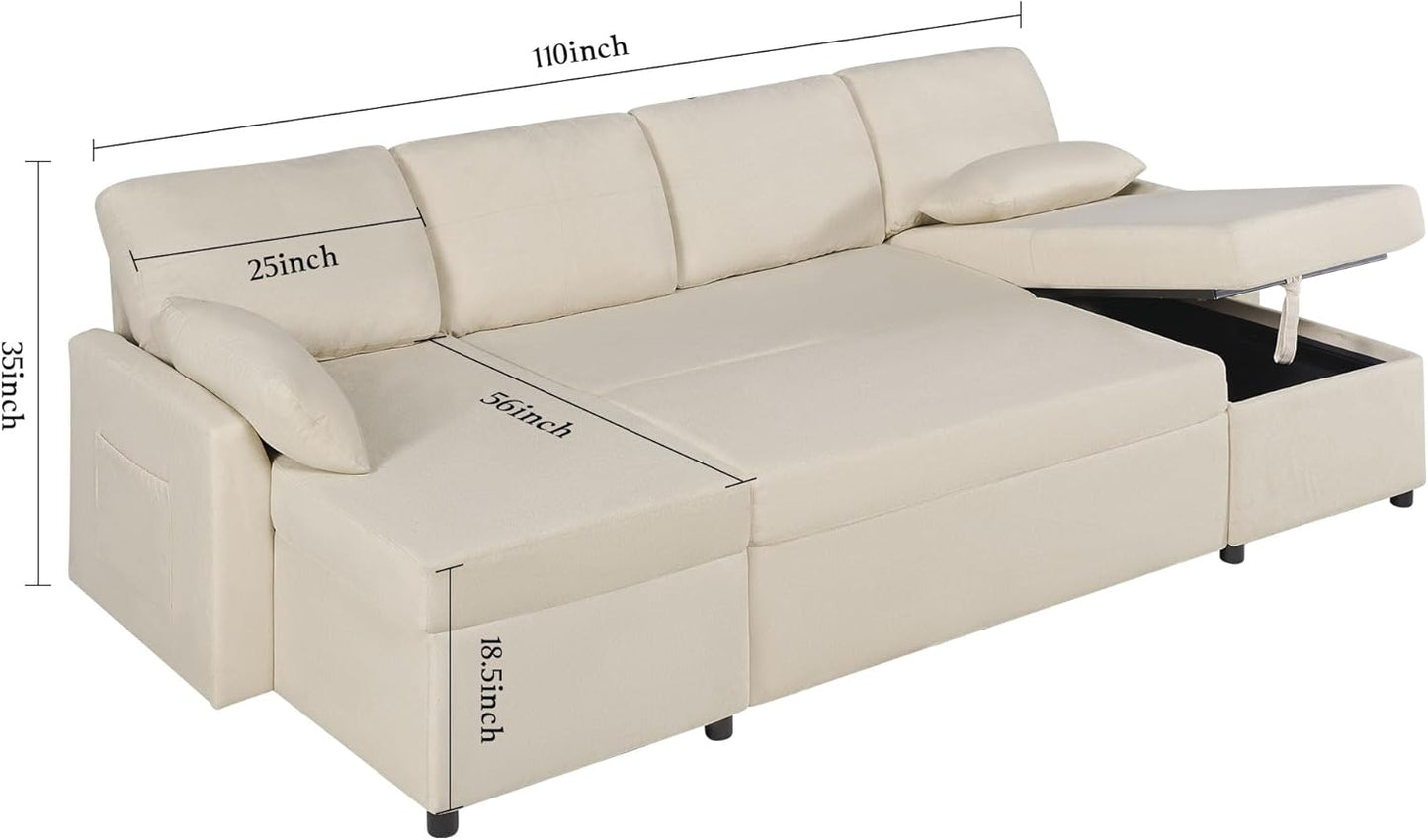 VanAcc Sleeper Sofa, 110 inch Oversize - 2 in 1 Pull Out Bed, Sectional Sleeper Sofa with Double Storage Chaise for Living Room, Beige Chenille Couch