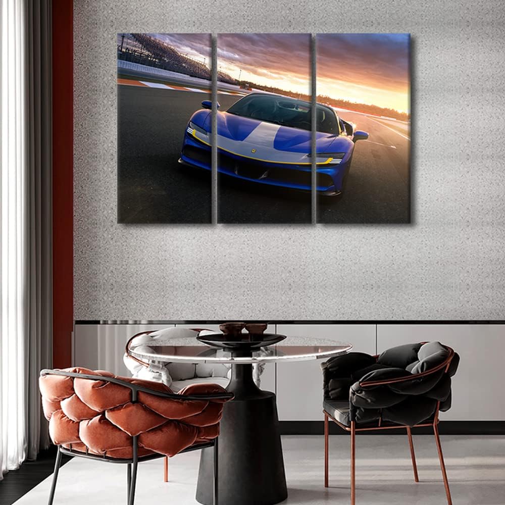 Blue Car on the Runway Canvas Wall Art Sports Car on the Track Wall Art for Living Room Sunset Pictures for Bedroom Modern Home Decor Office Bathroom Decoration Artwork Framed Ready to Hang 36"Wx24"H