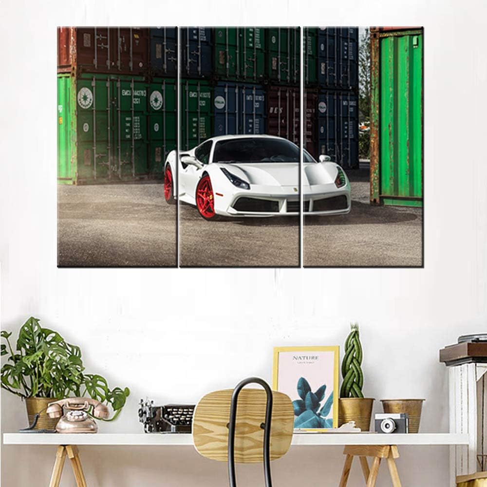 Canvas Print Wall Art Painting for Home Decor Red and White Sports Car 3 Pieces Panel Paintings Modern Giclee Stretched and Framed Artwork the Picture for Living Room Decoration - 12 x 24 inch x 3