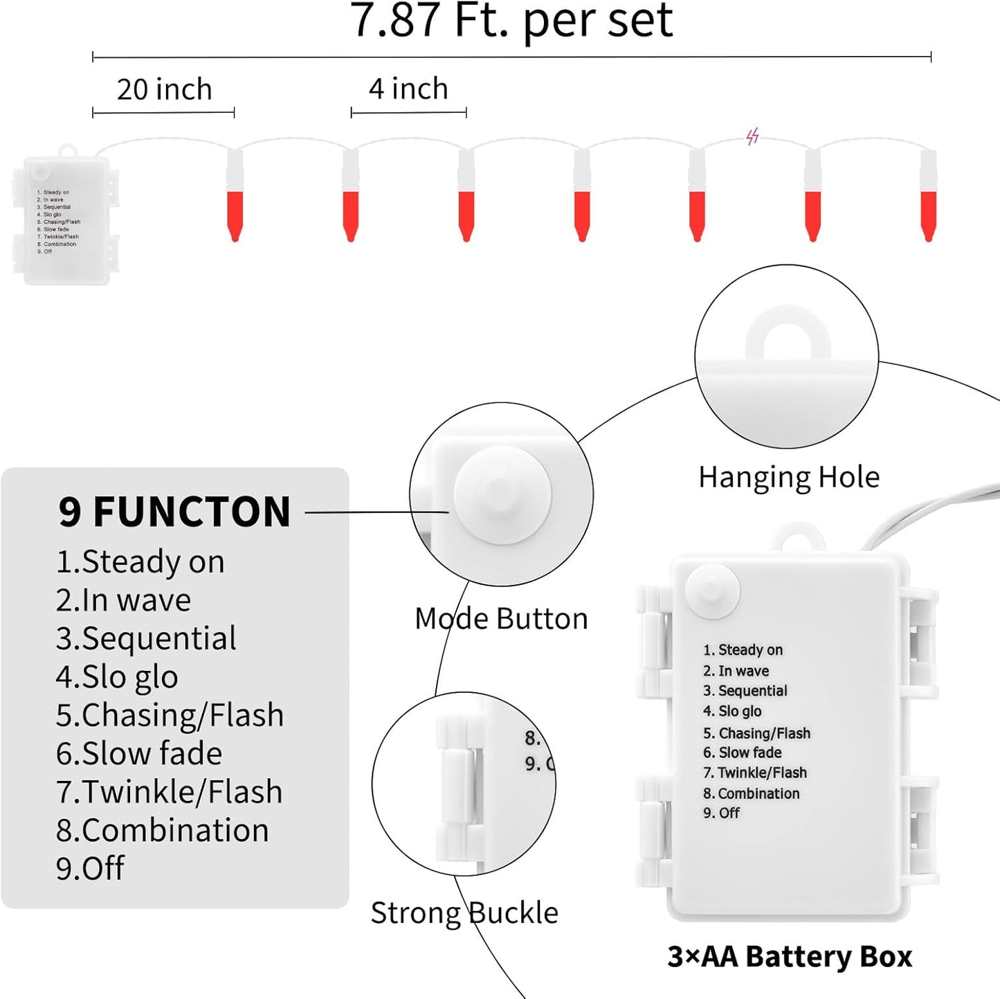 Red String Lights Battery Operated, 4 Pack 8 Feet 20 LED String Lights with 8 Modes Waterproof Tree Lights for Outdoor Indoor Holiday Party Garden Tree Decorations