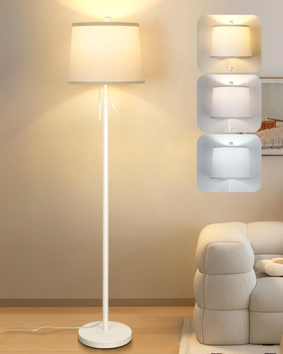 White Floor Lamp for Living Room 55-65" Adjustable Height Modern Standing Lamp with Pull Chain Tall Pole Light with White Shade for Bedroom Reading Office Corner Nursery 9W LED Bulb Included 3 Color