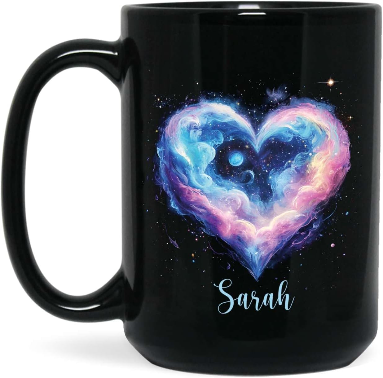 Personalized Love Heart Ceramic Mug, Custom Name Black Cup 11oz Or 15oz, Customized Celestial Themed Coffee Mug, Valentine's Day Themed Keepsake Cup, Gift For Him Her, Heart Mug