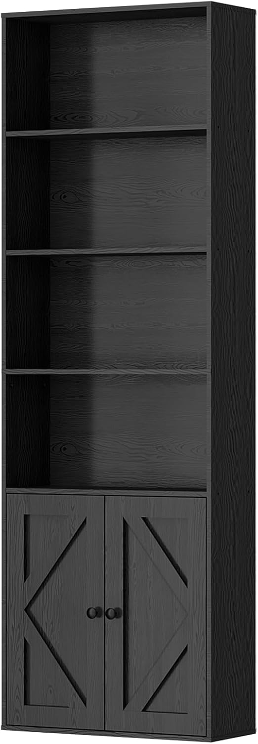 Tall Wooden Bookshelf with Cabinet and Doors – 70.86” Freestanding Tall Bookcase for Heavy Books, Living Room Storage, Home Office Shelf, Bedroom Organization – Vintage Black Wood Book Shelf