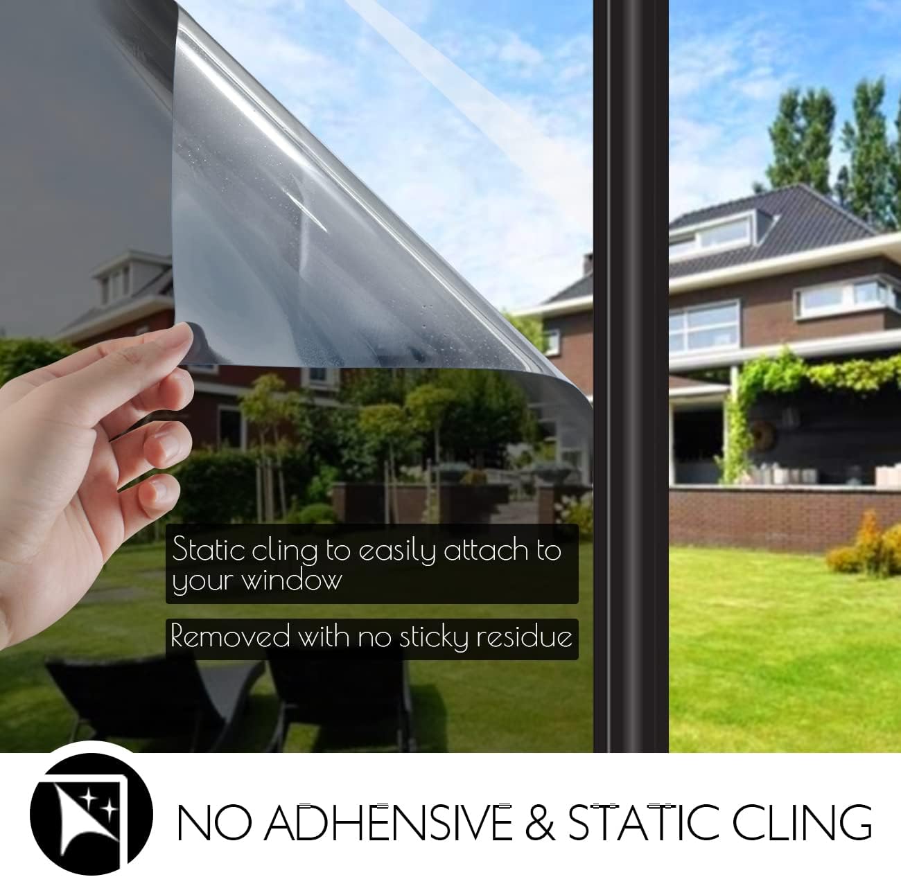 HIDBEA One Way Privacy Window Film, Daytime Mirror Reflective Heat Control UV Sun Blocking Non-Adhesive Static Cling Window Tint for Home and Office (Black-Silver, 35.4 Inch x 32.8 Feet)