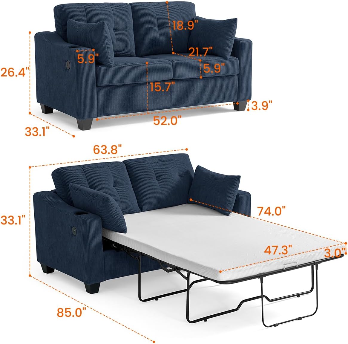Pull Out Sofa Bed, Full Size Sleeper Sofa, 2-in-1 Convertible Corduroy Couch with USB Charging, Memory Form Couch for Living Room, Apartment and Small Space (Navy Blue, Corduroy - Full Size)