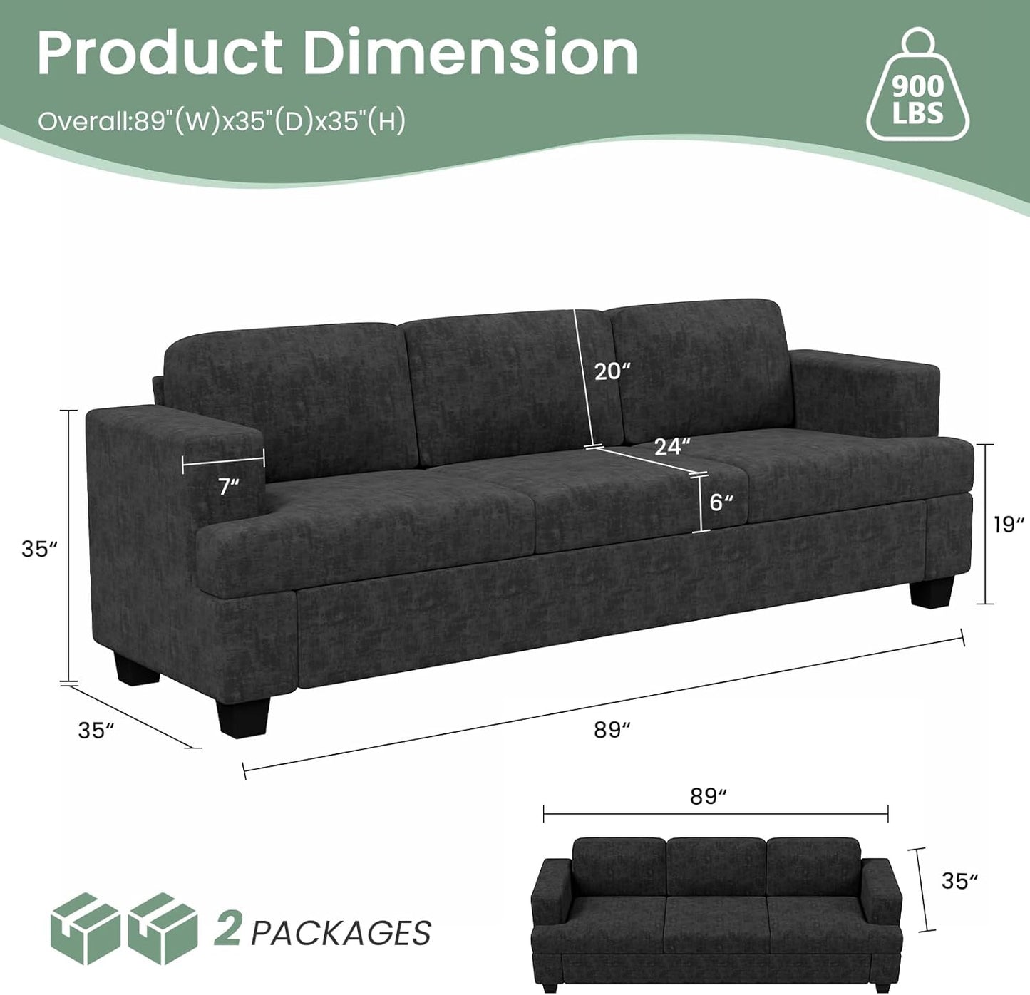Sofa Couch, 3 Piece Set Comfy Sofa, 2 Loveseat & 3 Seater Sofa with Deep Seats for Living Room, Modern Sleeper Couch, Dark Grey Chenille