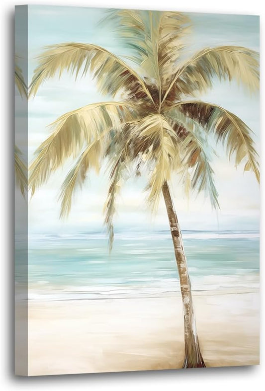 LURENCZH Tropical Beach Canvas Wall Art Seaside Palm Tree Picture Wall Decor Ocean Scenery Painting Prints for Bathroom Decor Framed(Beach-1,20.00" x 30.00")
