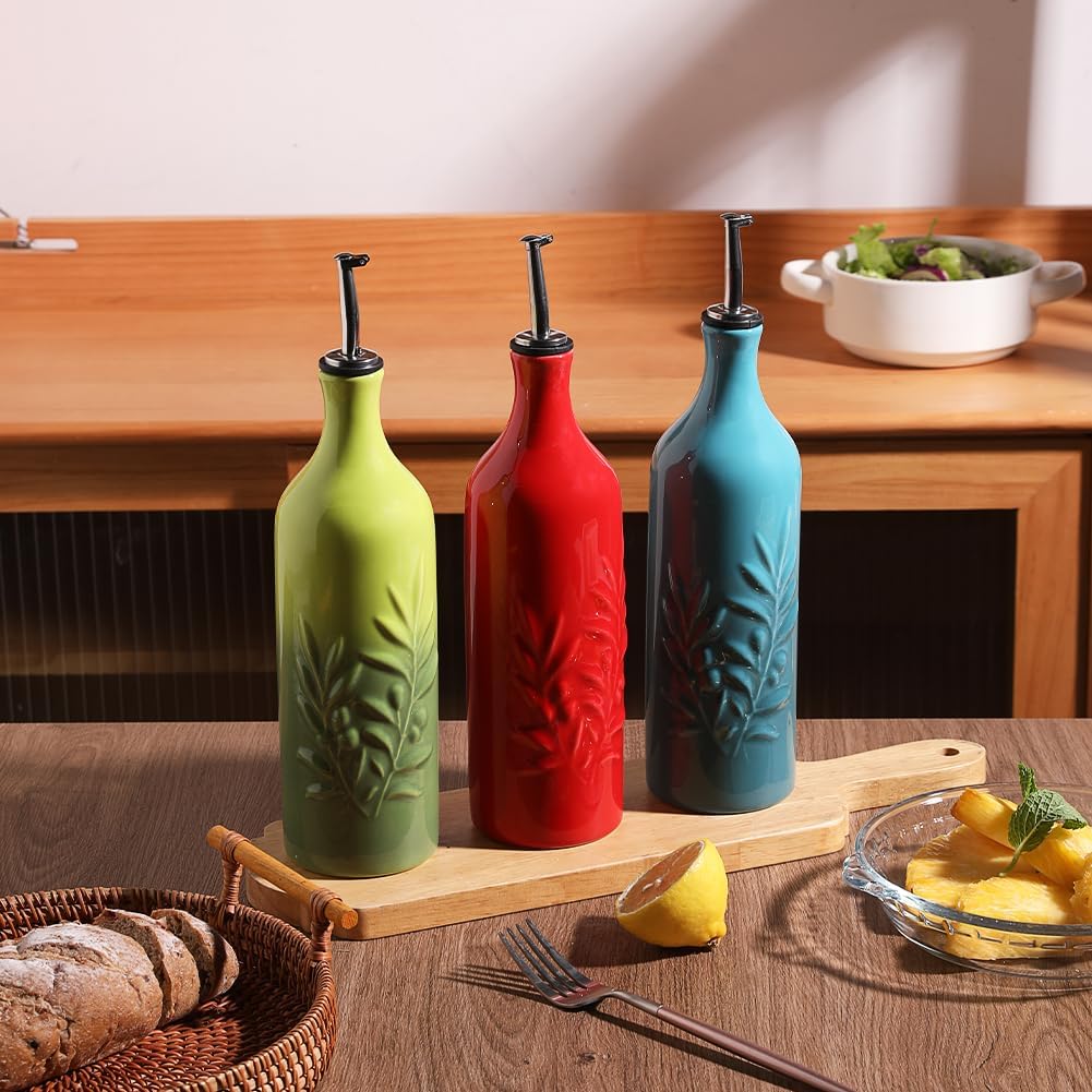 Sweejar Large Ceramic Olive Oil Dispenser Bottle, 24 Oz Relief Opaque Oil Cruet Protects Oil To Reduce Oxidation, Storage Vinegar, Soy Sauce, Coffee Syrup, Liquids, Set of 1 (Red)
