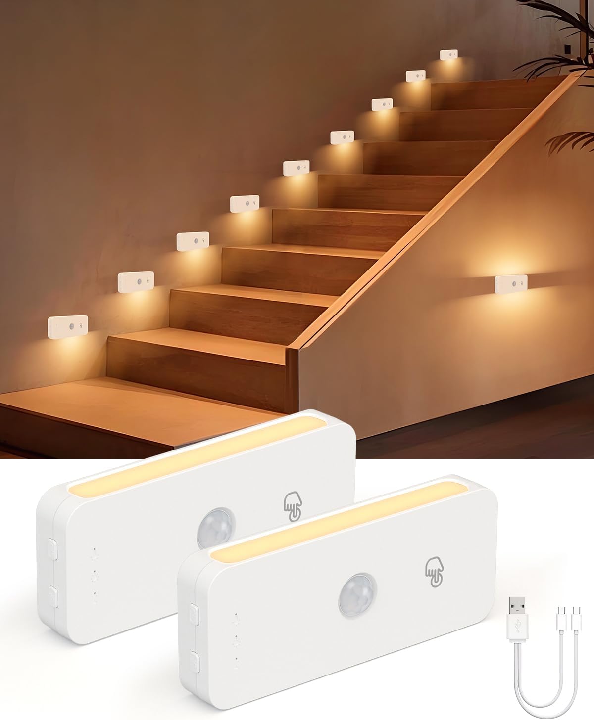 Yiliaw Motion Sensor Night Lights Indoor - Rechargeable Stick-On Stair Lights with Wireless Magnetic Mount, Adjustable Brightness & 3 Color Temps for Hallway, Stairway, Bathroom, Closet (2-Pack)