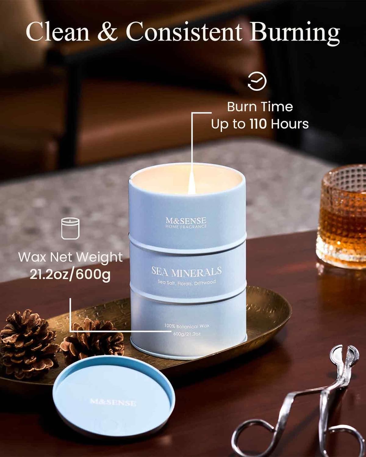 M&SENSE Sea Minerals Scented Candles Ocean Large, Natural Soy Candles 21.2oz 120 Hour Slow Burning,Coconut Candles for Stress Relief Meditation Relaxing,Summer Soy Candle.