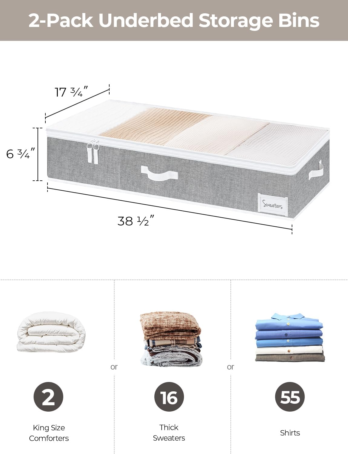 StorageWorks Extra Large Under Bed Storage Containers with Handles and Label Holder, 2 Pack Ultra-thick Fabric Underbed Bins, Closet Organizer for Clothes, Blankets, Sweater