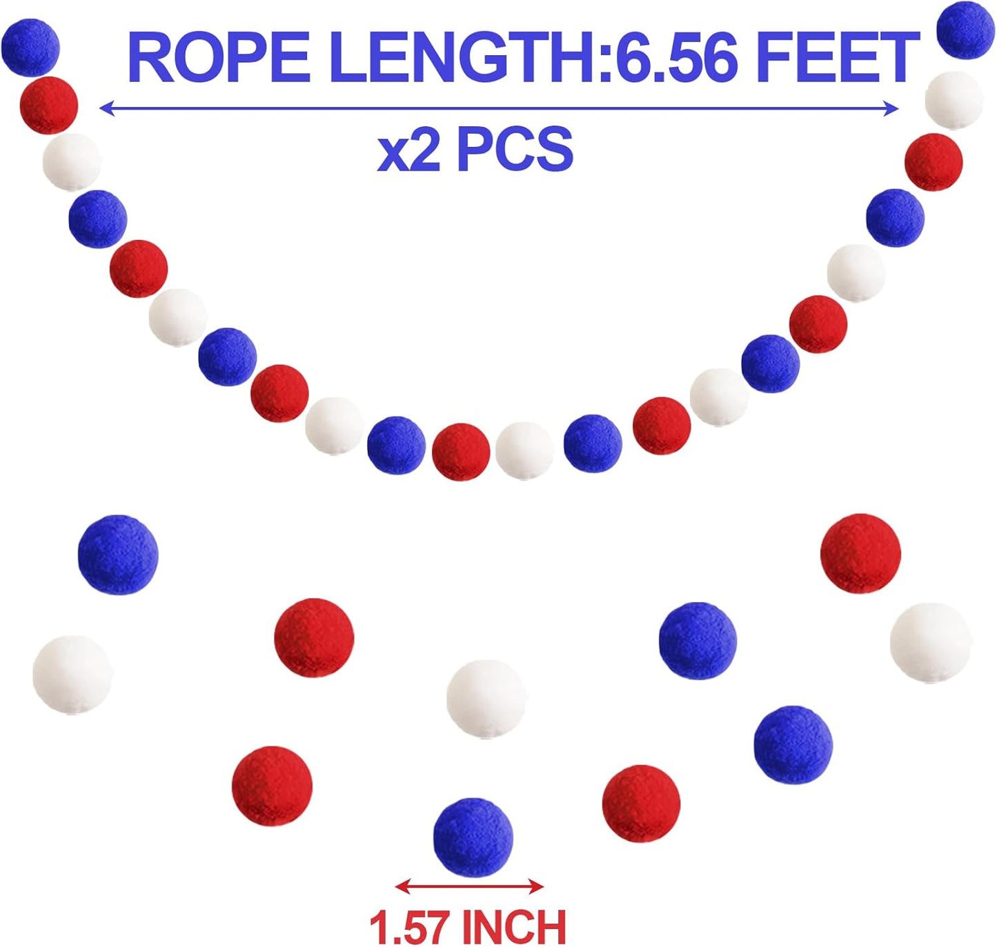 XmasExp 4th of July Pom Pom Garland Decorations - Large Felt Ball Garland for Mantle, Indoor Home Decor, Tree Ornaments, Kids Room and Party Hanging Decor,13 Ft.