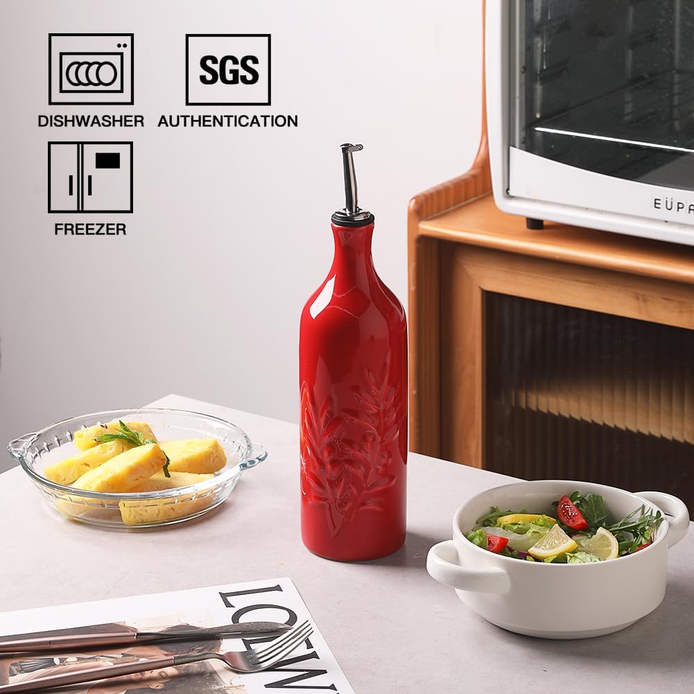 Sweejar Large Ceramic Olive Oil Dispenser Bottle, 24 Oz Relief Opaque Oil Cruet Protects Oil To Reduce Oxidation, Storage Vinegar, Soy Sauce, Coffee Syrup, Liquids, Set of 1 (Red)