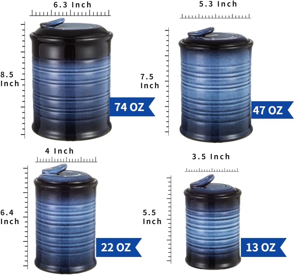 Nihow Food Storage Jar Sets: Ceramic Container with Air Tight Lid for Flour/Sugar/Rice/Coffee/Cookies/Candy - Seal Damp-proof Canister for The Kitchen Counter - Set of 4 （Blue & Black）