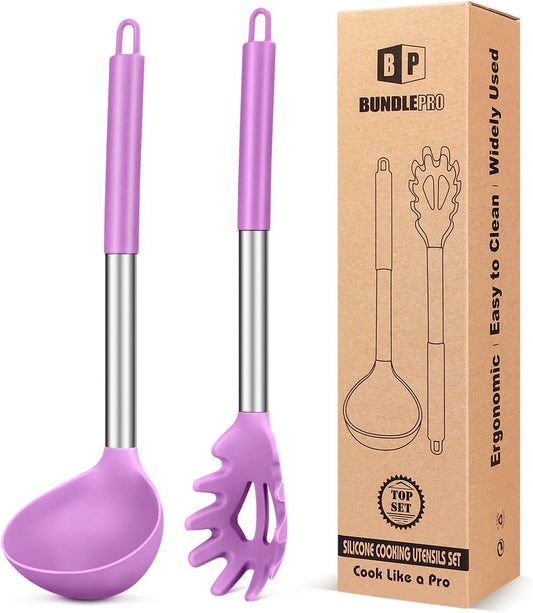 Silicone Pasta Fork and Ladle Spoon Set, Large Non Stick Kitchen Utensils for Cooking,Stirring,Serving Spaghetti, Soup, Sauce (PURPLE)