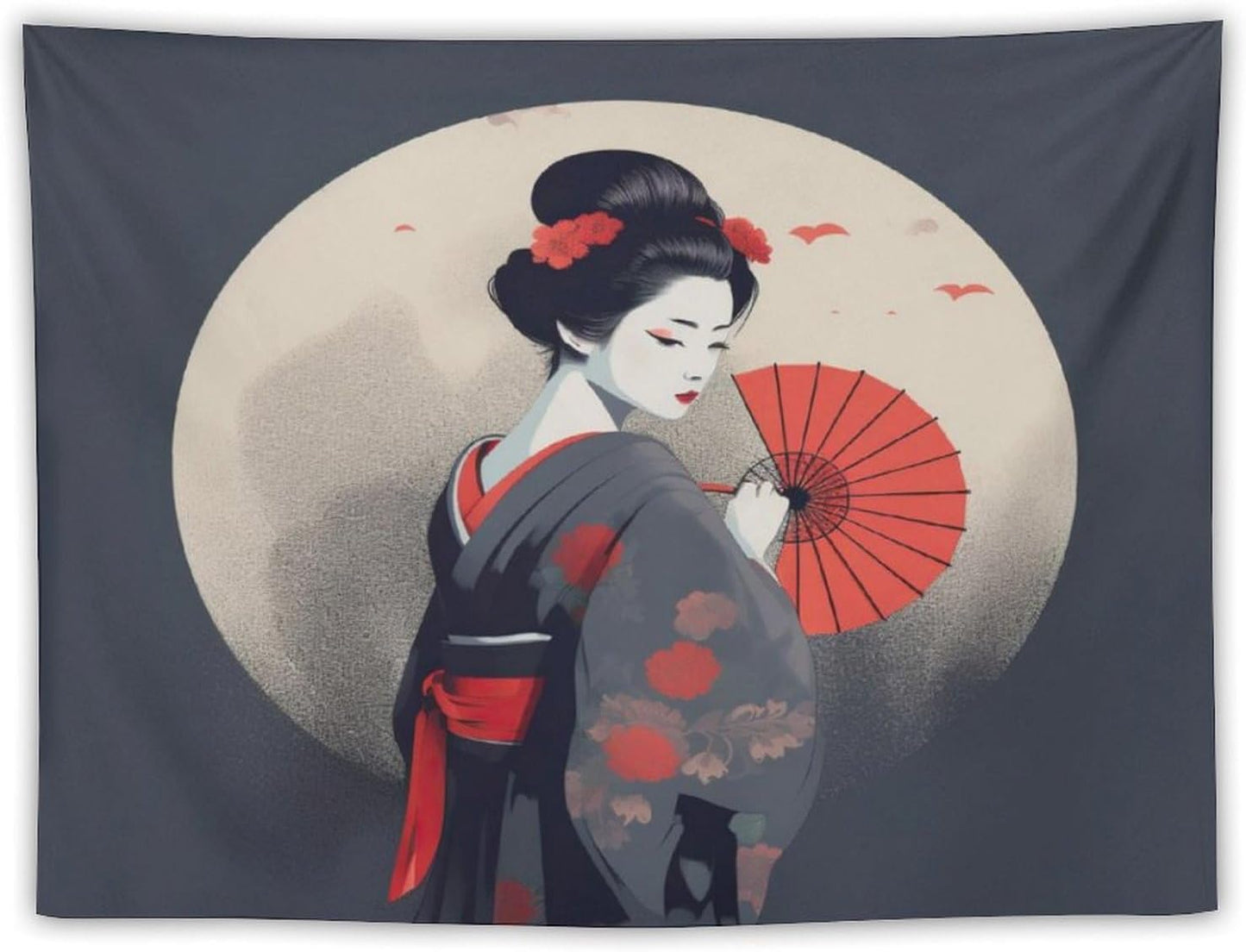 Japanese Woman Geisha Tapestry Asian Red Cherry Blossom Red Sun Traditional Kimono Folk Tapestries Home Decor for Living Room Bedroom Apartment Farmhouse Dorm 60"x40"