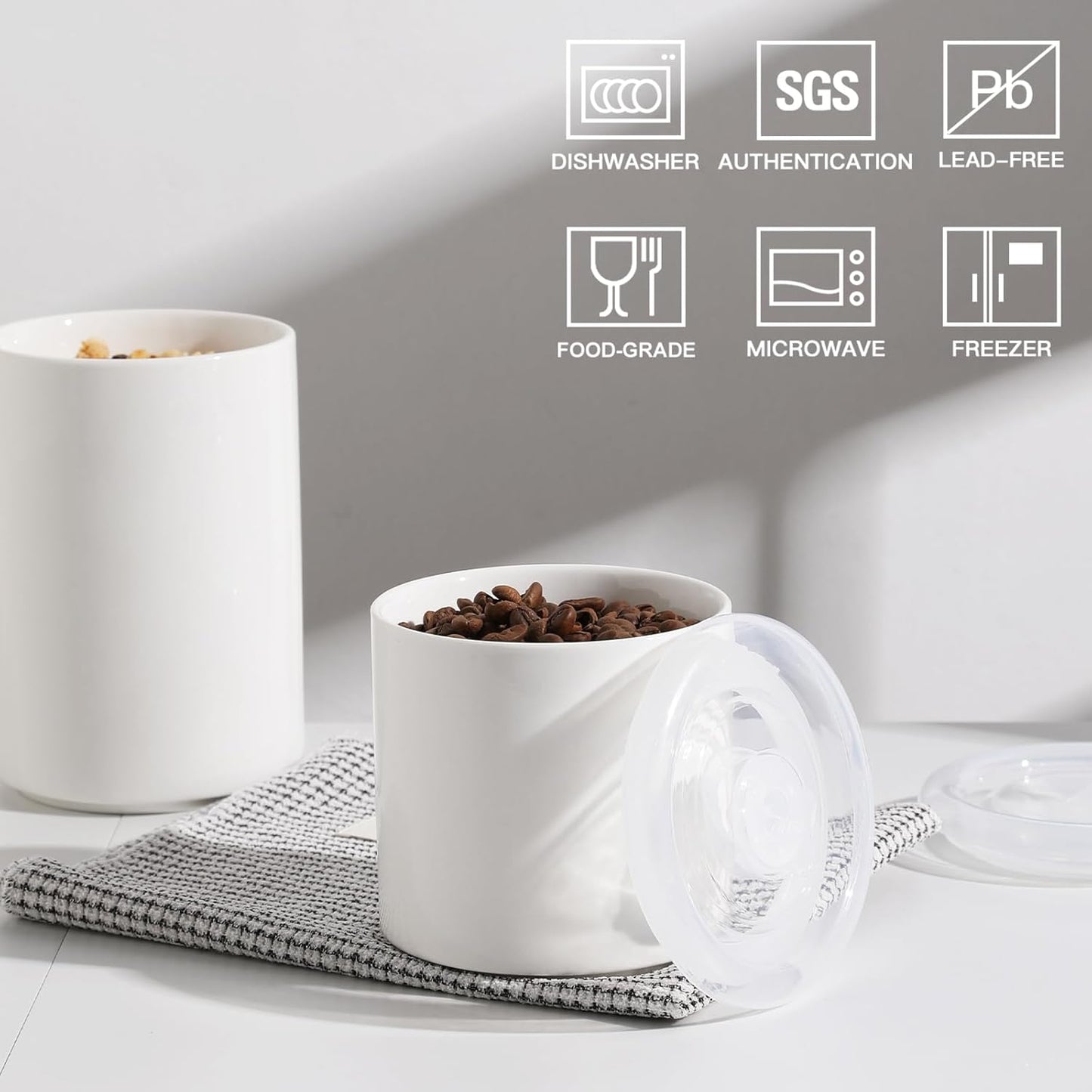 Sweejar Ceramic Food Storage Jar, Salt Container with Airtight Plastic Lid & Date Tracker, 28 Oz Kitchen Canisters for Flour, Rice, Sugar, Coffee, Spices, Pantry Organization (White)