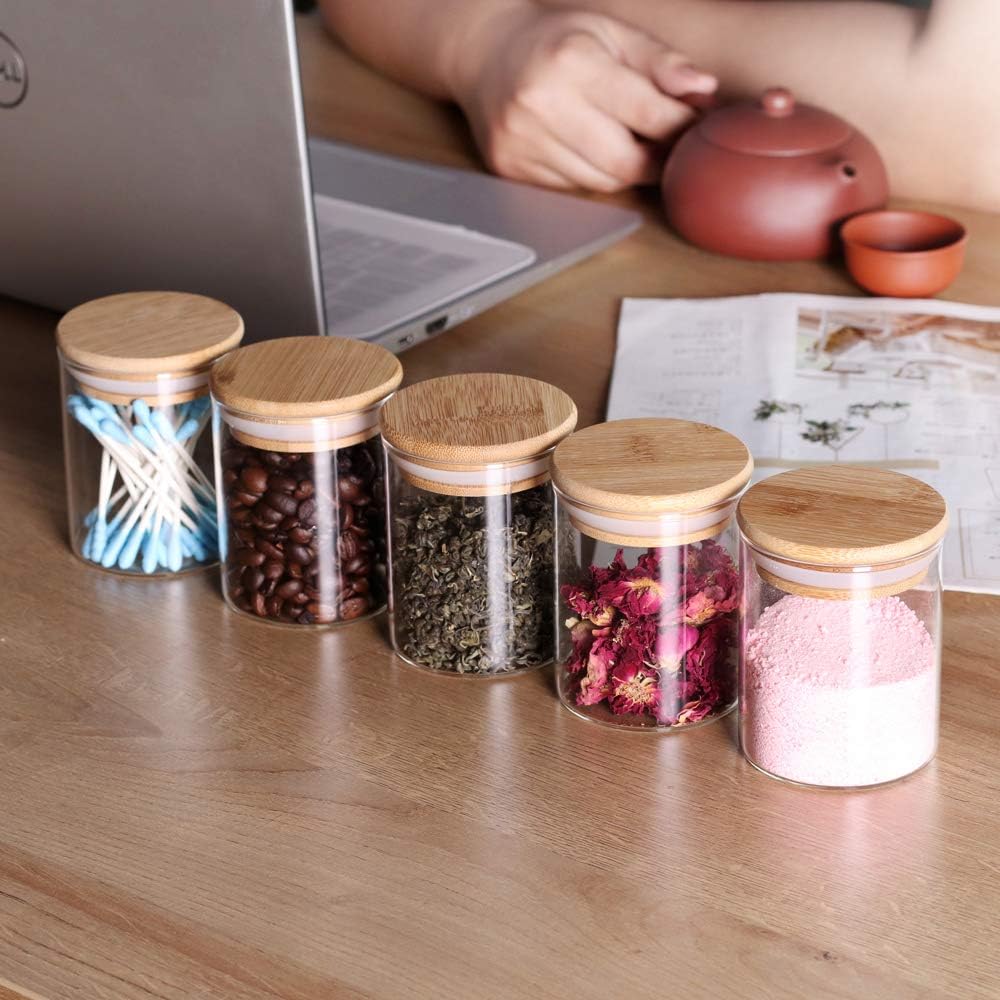 Glass Jars Set,Upgrade Spice Jars with Wood Airtight Lids and Labels, 6oz 12 Piece Small Food Storage Containers for Home Kitchen, Tea, Herbs, Sugar, Salt, Coffee, Flour, Herbs, Grains…