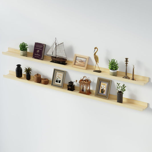 SAUMONIERES Picture Ledge Shelf Floating Book Shelves Set of 2 Wall Mounted Solid Wood for Bedroom Bathroom Living Room Kitchen, 72 Inch Natural