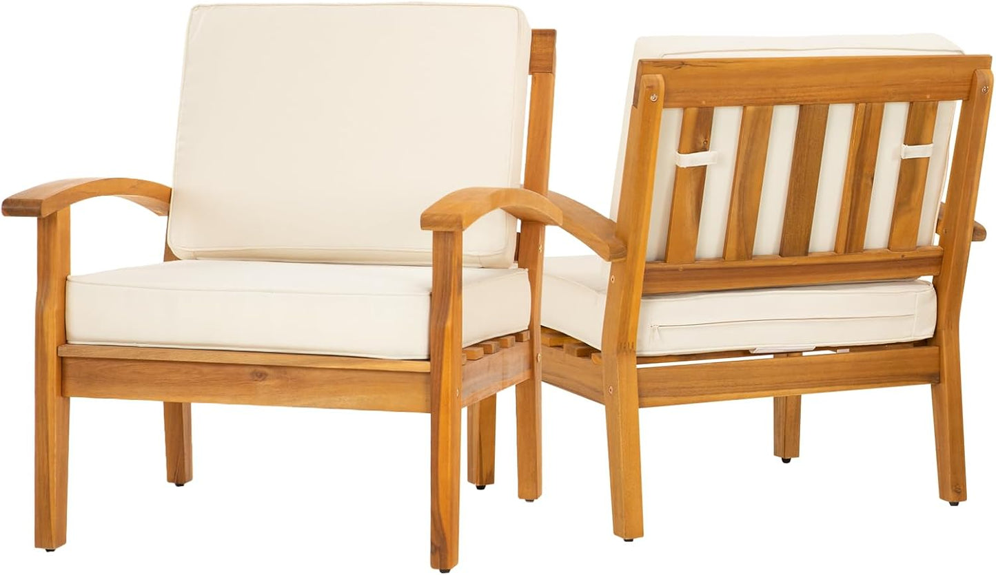 IDZO Laurent Accent Chairs, 500lbs Support, Acacia Wood, Set of 2, FSC Teak Finish, 3.9in Cushions, Ideal for Garden or Porch, Beige