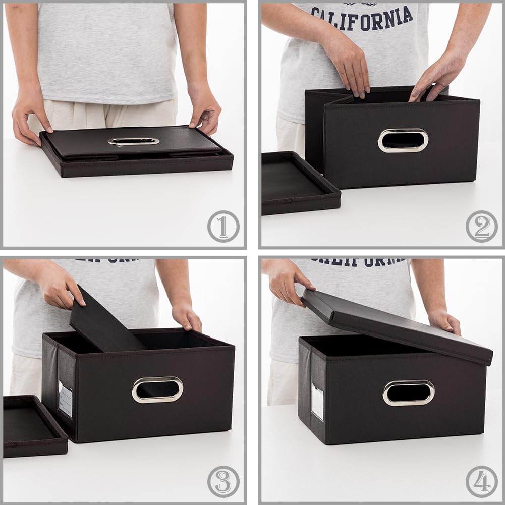 PRANDOM Collapsible Storage Box with Lid [1-Pack] Leather Fabric Foldable Storage Bin Organizer Container Basket Cube with Cover for Home Bedroom Closet Office Nursery Black (13.6x9.6x6.9)