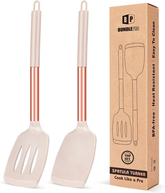 Pack of 2 Silicone Solid Turner, Non Stick Slotted Kitchen Spatulas, High Heat Resistant BPA Free Cooking Utensils, Ideal Cookware for Fish, Eggs, Pancakes(Rose Gold Khaki)
