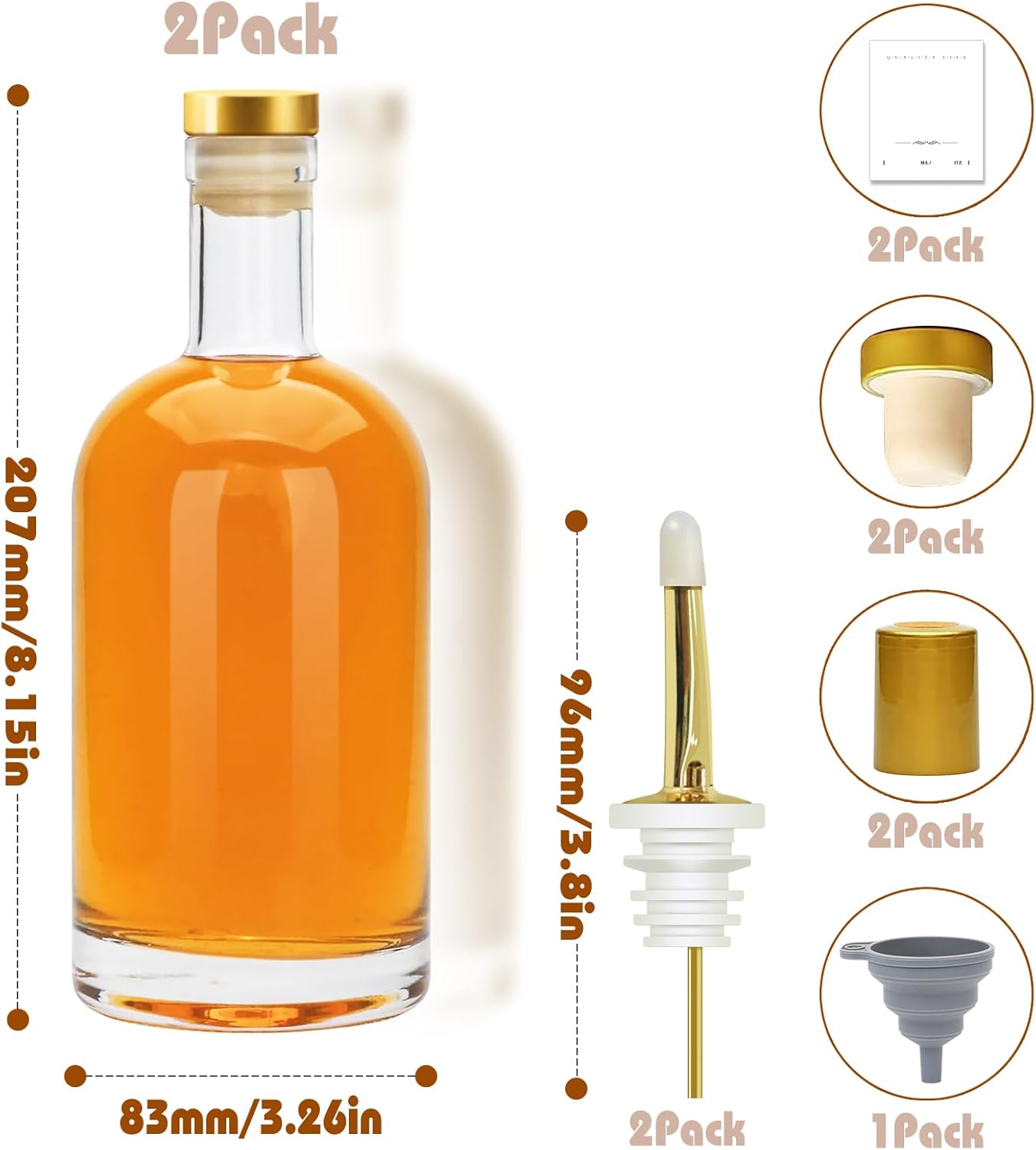 Olive Oil Dispenser Bottle for Kitchen, Clear Glass Oil and Vinegar Dispenser Set, Coffee Syrup Dispenser, Container With Metal Pour Spout, Airtight Lid, Funnel, Waterproof Labels (500ml-s-2 Pack)