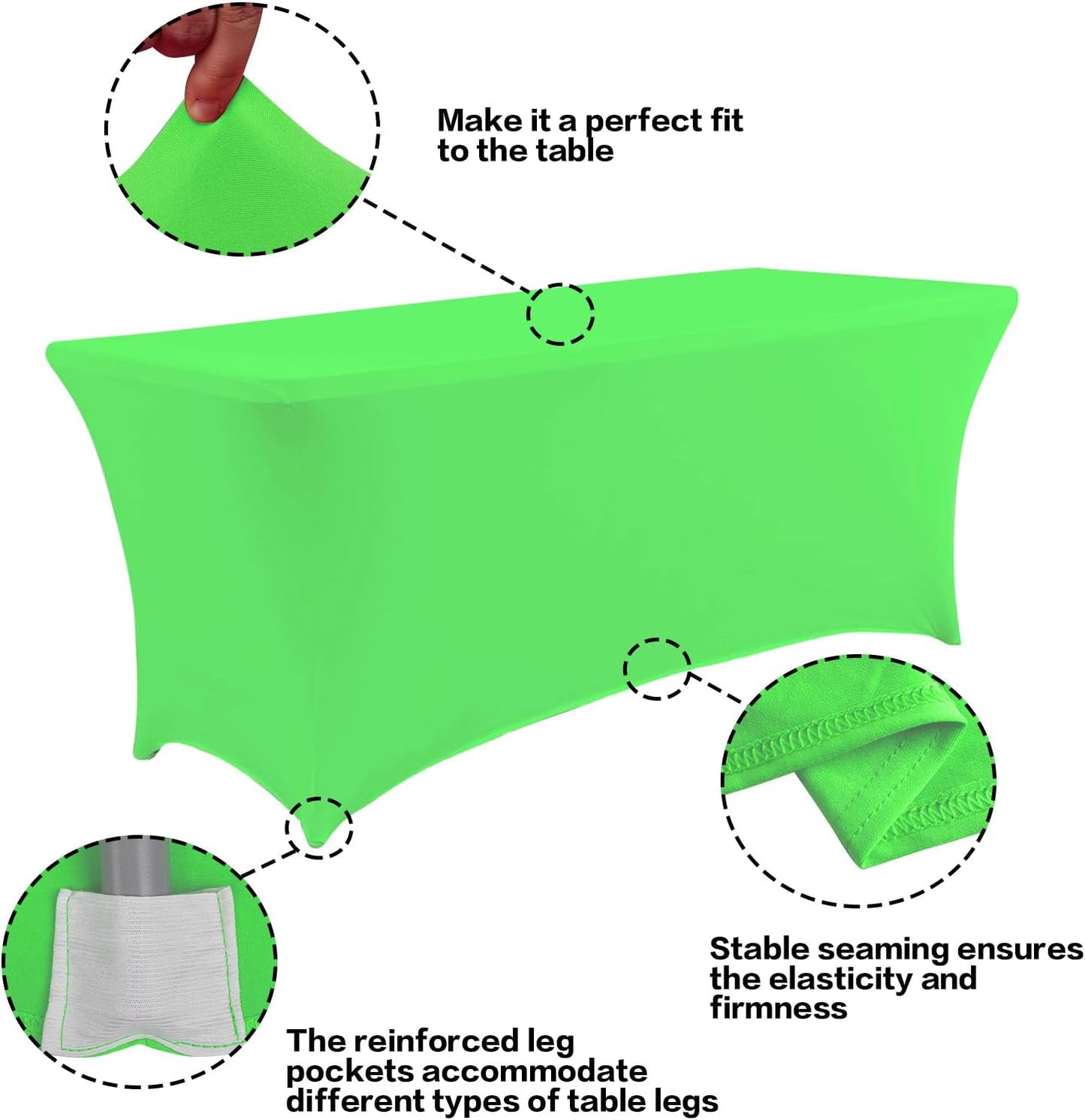 IVAPUPU 2 Pack 4FT Table Cloth for Rectangular Fitted Events Stretch Green Table Covers Washable Cover Spandex Tablecloth Protector for Party, Wedding, Cocktail, Banquet, Festival