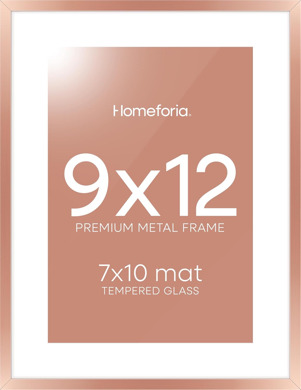 Homeforia 9x12 Rose Gold Frame, High End Metal 9 x 12 Picture Frames with Mat 7 by 10 inch Photo, 9by12 Poster Frame Matted to 7x10 Art, 12x9 Wall or Tabletop Frame, Tempered Glass, Wall Kit, Set of 1
