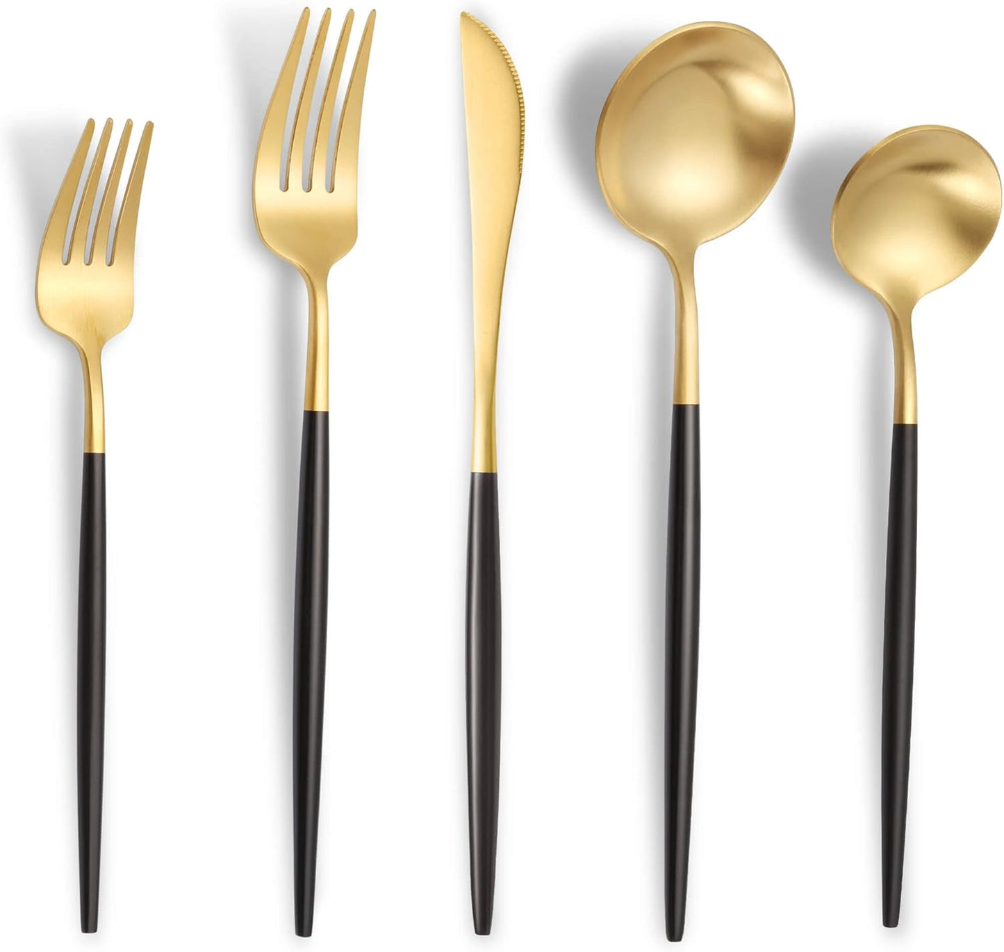 Matte Black Gold Silverware Set for 6,Modern Stainless Steel Brushed Cutlery Set,30-Pieces Heavy Duty Flatware Set,Knives Spoons and Forks Set Utensils Set, Satin Finish, Dishwasher Safe
