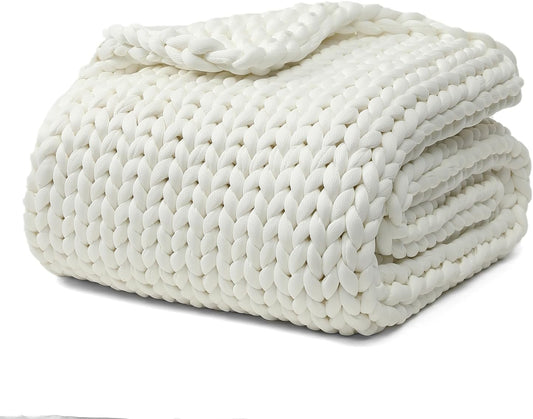 YnM Cooling Chunky Throw Blanket, Medium-Weight, Hand Knitted, Skin Friendly, Ventilated and Breathable, Machine Washable, Home Décor Piece for Couch, Sofa and Bed (White, 50x70 Inch)