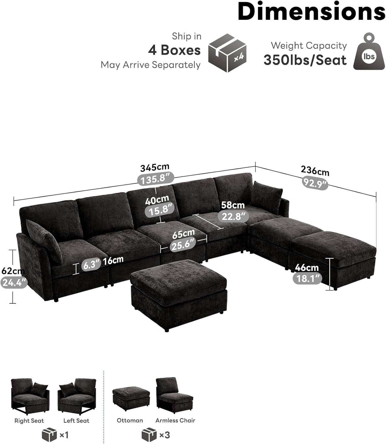 Tbfit L Shaped Couch 8 Seat, Sectional Sofa for Living Room,Chenille Cloud Couch with Ottoman, Black