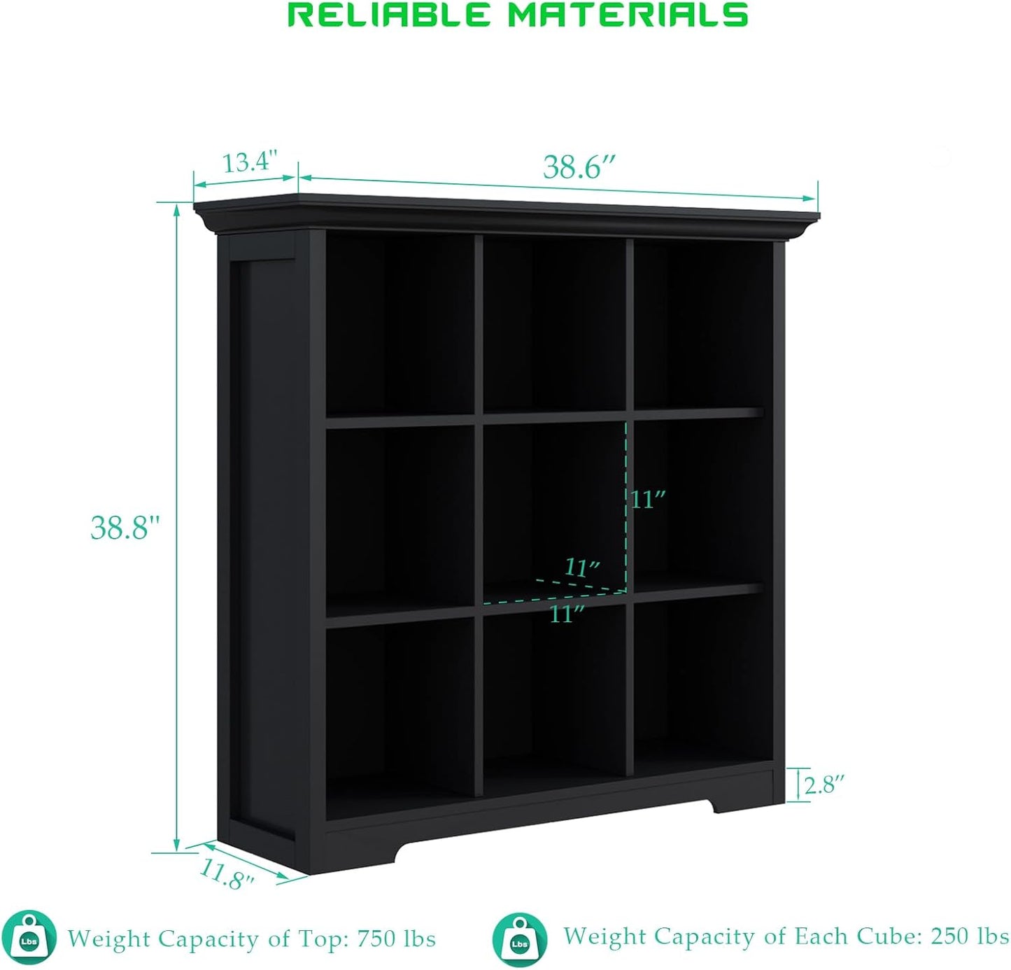 Cube Storage Bookcase with Base - Wooden 3 Tiers Floor Standing Open Shelf Cabinet for Home and Office, 9-Cube Lattice Bookshelf, Black