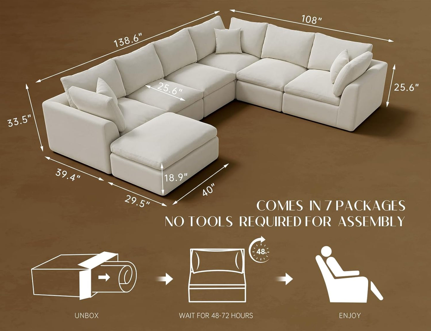 Oversized Cloud Couches for Living Room, Convertible Sectional Couch with Ottoman, 7 Seater Large Modular Sectional Sofa, Warm White