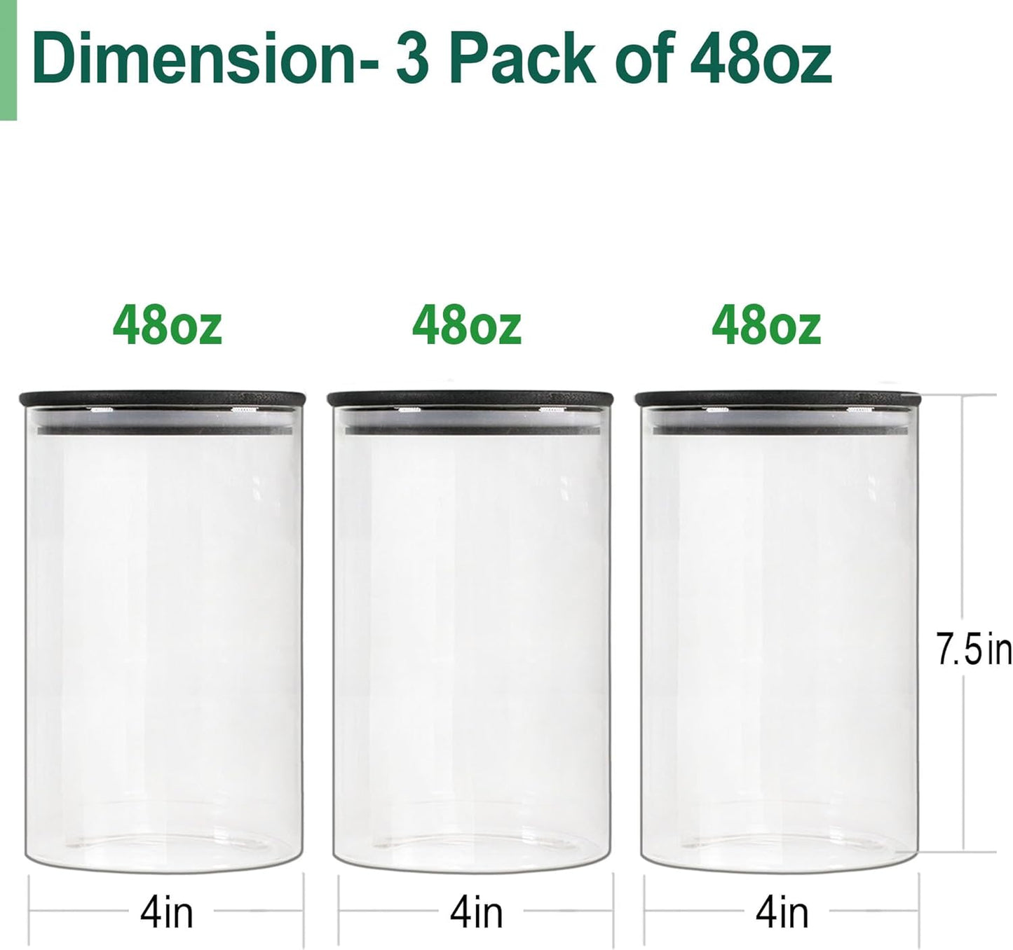Urban Green Glass Jars with Black Lids, Glass food storage container sets with black lids, Airtight Canisters Sets with Bamboo Lids. Pantry Jar (3 Pack of 48oz)