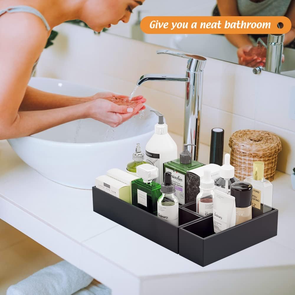 Black Bamboo Drawer Organizer - Silverware&Utensil Holder Organizer for Kitchen Drawers, Multi-Use Drawer Dividers Boxes for Bathroom Counter，Cabinet, Garage, Office Desk, Makeup, Jewelry (6"3"2.5")