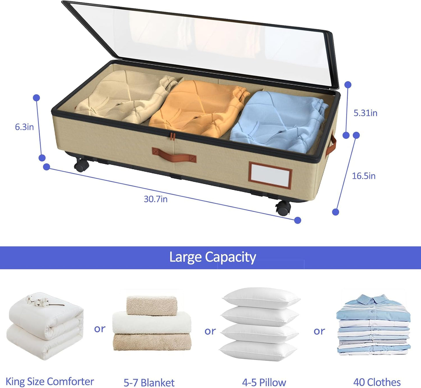 IUI Under Bed Storage with Wheels & Lid, 50L Large Capacity Underbed Storage Containers, Versatile Under The Bed Shoe Storage for Clothes, Books, Toys, 2 Pack, Ivory White