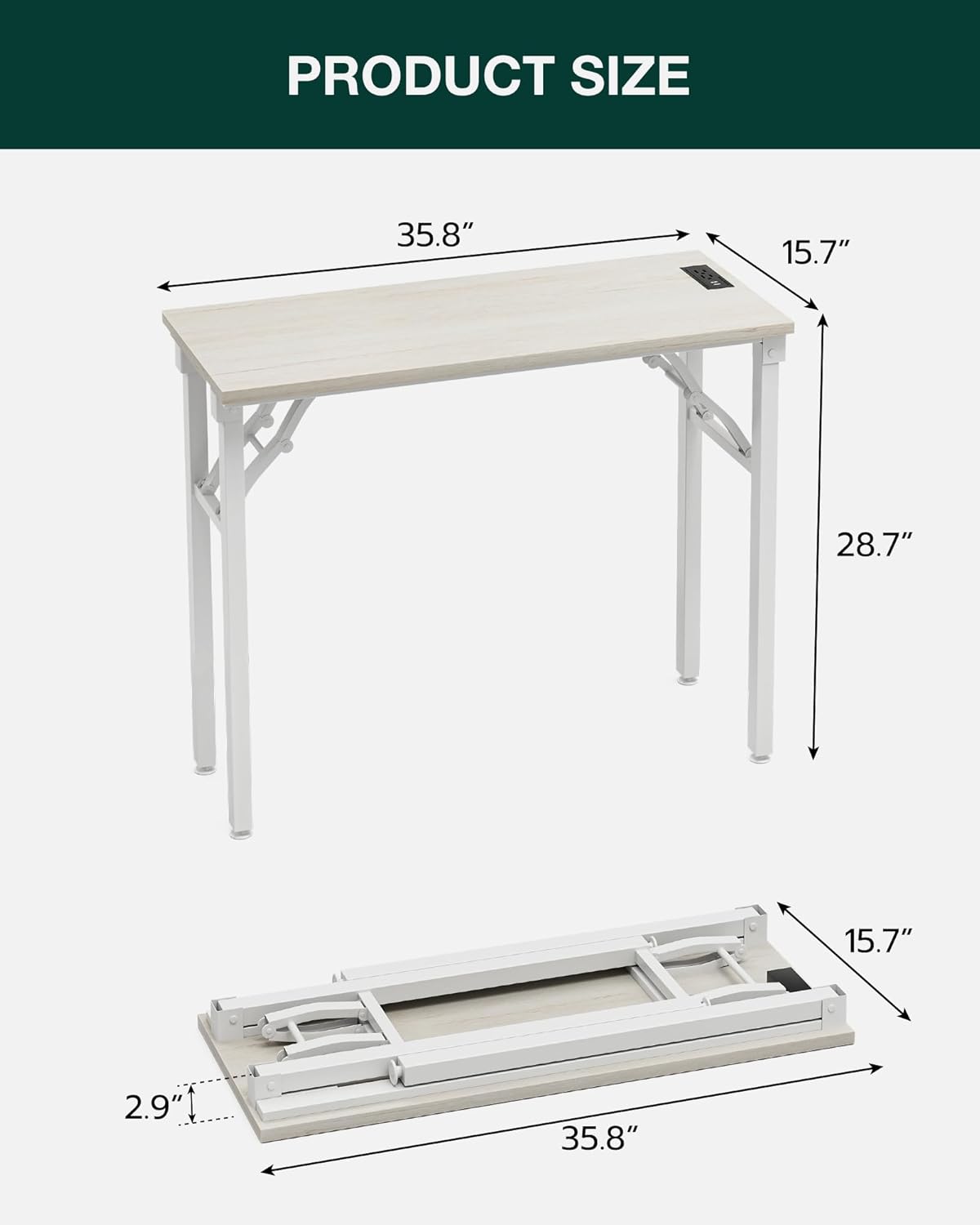 Frylr Small Folding Computer Desk – 35.8 Inch Portable Table for Craft and Study, Lightweight Desk for Small Spaces, Foldable Laptop Table Built-in AC/USB Outlets for Convenience, White Ash