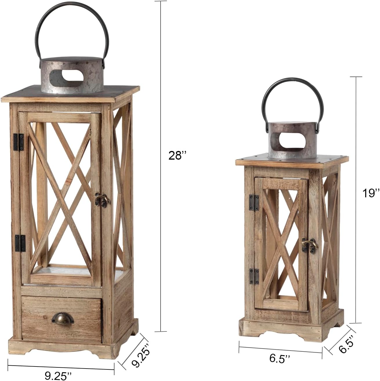 TIMRIS Large Farmhouse Wooden Candle Lantern Set of 2, Rustic Floor Candle Lanterns with Drawer, Vintage Hurricane Lantern Holder for Indoor Outdoor Decor (No Glass)