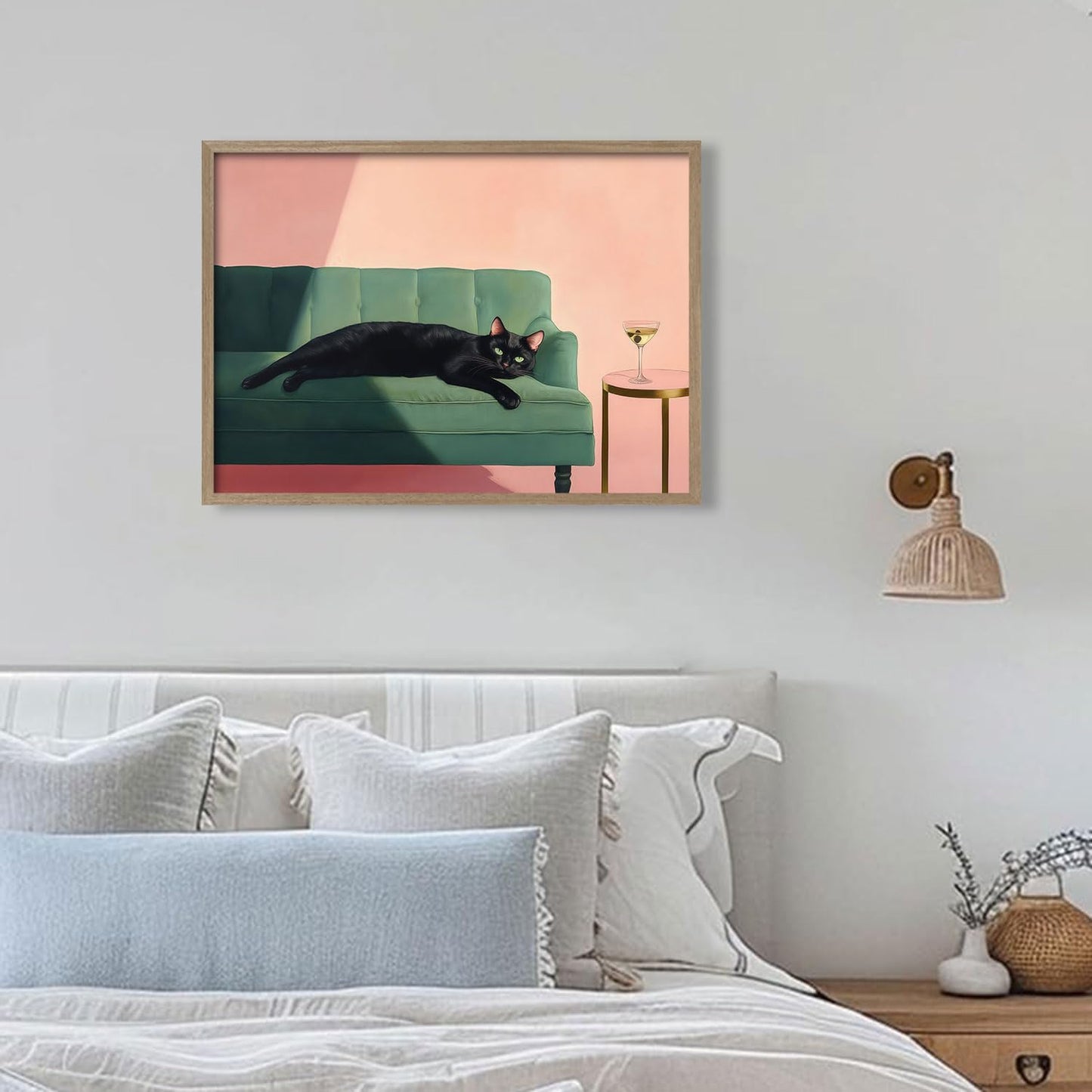 Wood framed black cat wall art modern style canvas print lazy black cat poster picture decoration painting gallery style artwork suitable for living room bedroom decoration 12x16 inch