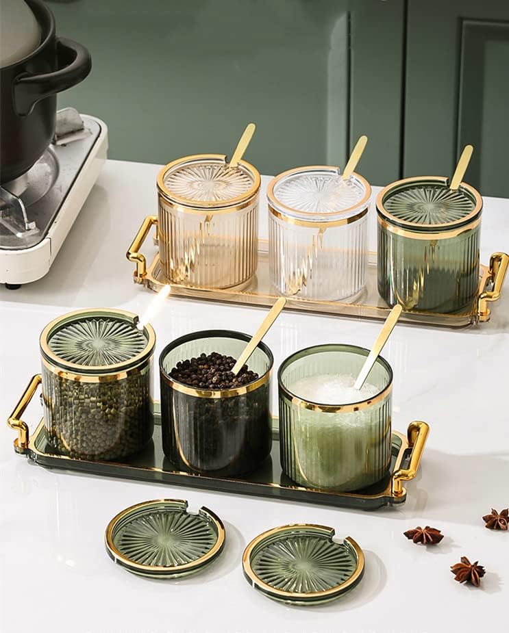 Acrylic Condiment Spice Jars and Box with Lids, Spoons, Tray - 3 Pack, Clear Plastic Canisters, Seasoning Box Set for Salt, Paprika, Sugar - Kitchen Storage