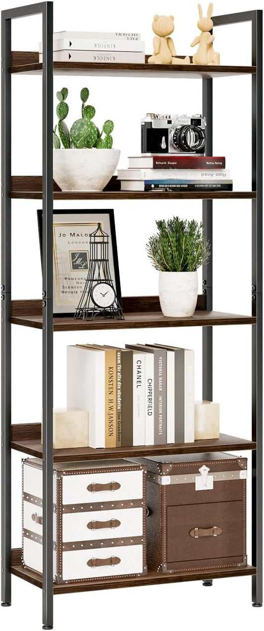 NUMENN Bookshelf, 5 Tier Bookshelves, Home Office Bookcase Shelf Storage Organizer, Free Standing Storage Shelving Unit for Bedroom, Living Room and Home Office, Dark Walnut