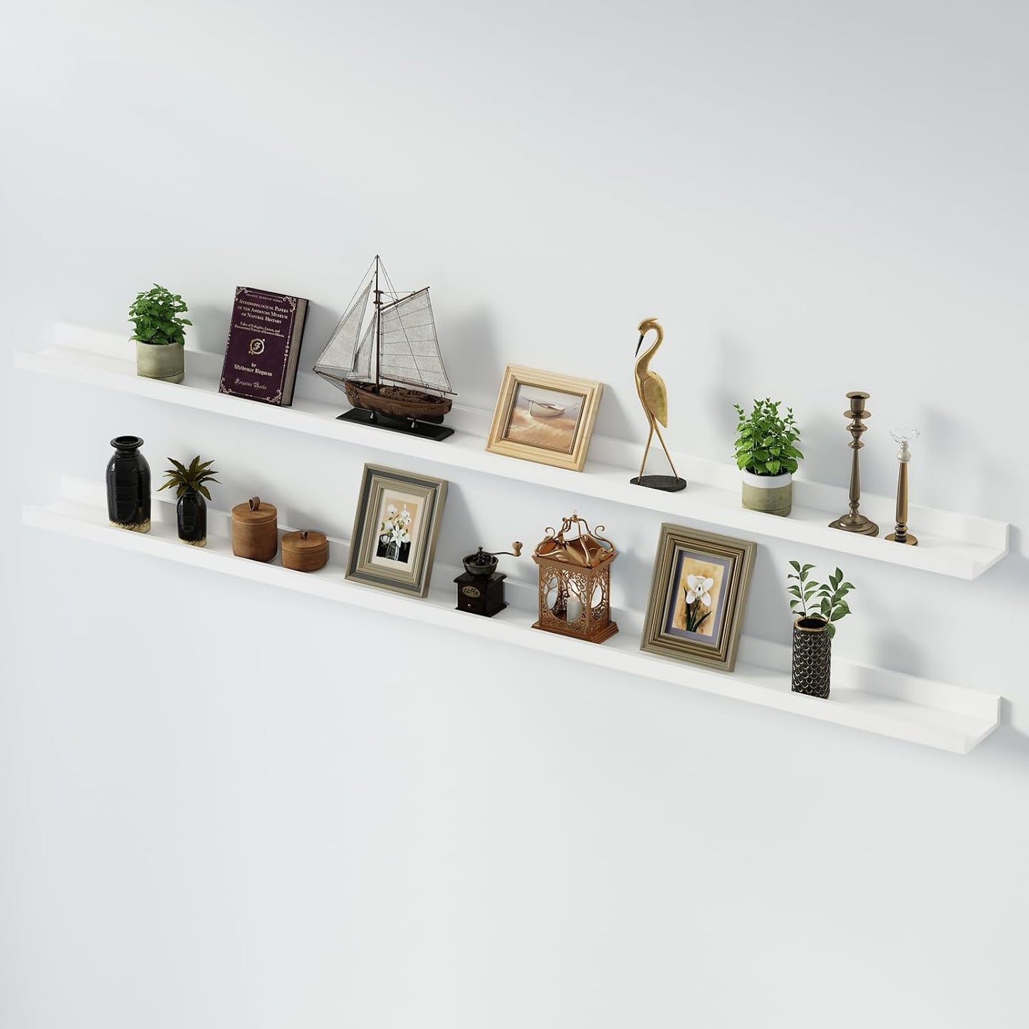 SAUMONIERES Picture Ledge Shelf Floating Book Shelves Set of 2 Wall Mounted Solid Wood for Bedroom Bathroom Living Room Kitchen, 72 Inch White