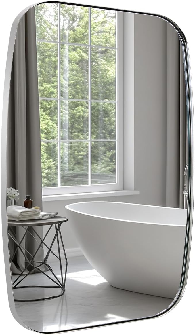ANDY STAR Chrome Oblong Mirror, 32x40 Inch Polished Chrome Oval Mirror for Bathroom with Stainless Steel Metal Frame, Wall Mouned for Bathroom, Living Room, Entryway