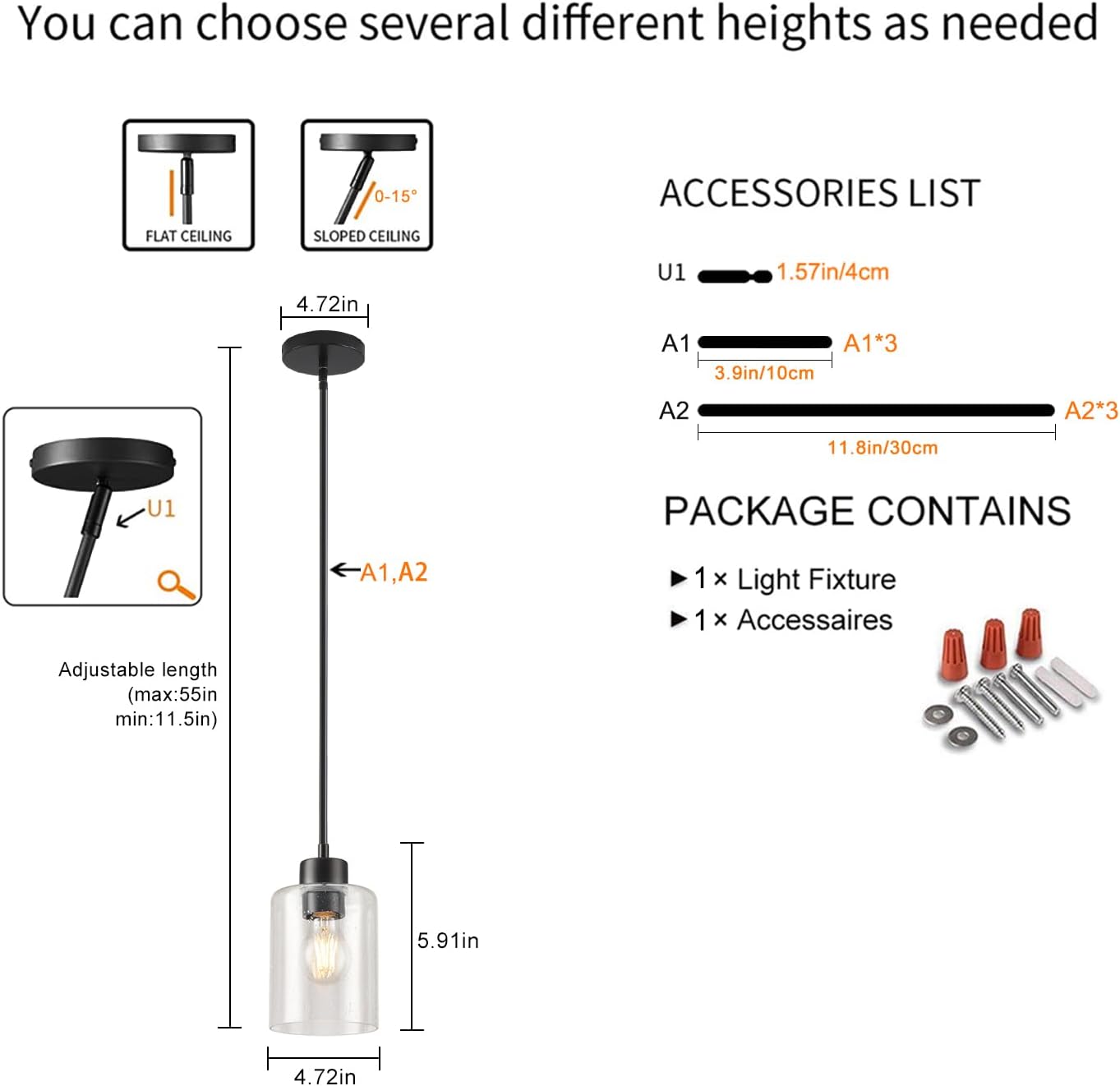 Black Pendant Lights Kitchen Island - Seeded Glass Pendant Light Fixture Multiple Stems Rods 3 Units 12 Inch 3 Units 4 Inch (1 Pack Black Seeded Downrod)