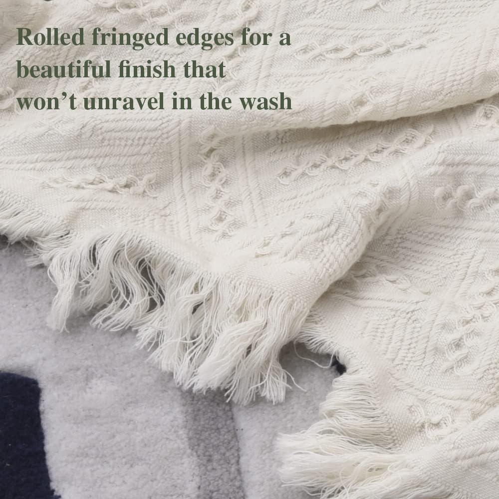 Simple&Opulence 100% Cotton Throw Blanket for Bed, Couch, Boho Luxury Geometric Knit Woven Blanket with Tassels Soft Lightweight Cozy Breathable, Vintage Farmhouse Decoration for All-Season(White)