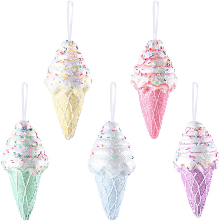 Macaron Color Dessert Ice Cream Pendant Set - 5pcs Christmas Tree Hanging Candy Gift for Xmas, New Year, Birthday Parties