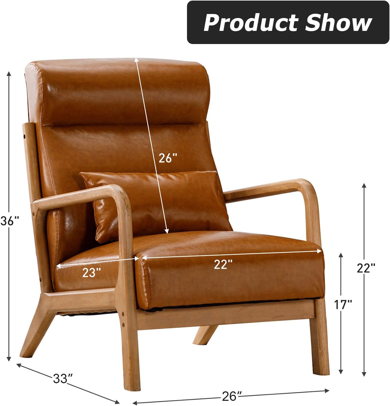 INZOY Mid Century Modern Accent Chair with High Back, PU Leather Reading Armchair with Waist Cushion, Upholstered Wood Frame Living Room Chairs for Bedroom Sunroom, Camel