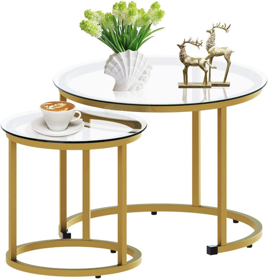aboxoo Gold Nesting Coffee Table Set of 2, Small Glass Round Nesting Tables for Living Room Bedroom, Accent Tea Table with Metal Frame Modern Industrial Simple