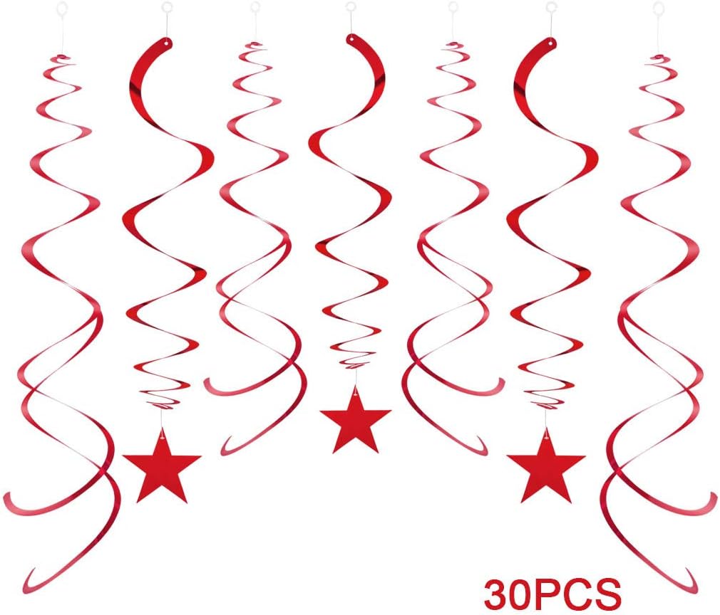 Party Star Swirl Decorations, Red Foil Ceiling Hanging Swirl Decorations with Star, Whirls Decorations for Birthday | Wedding | Anniversary | Graduation Party Supplies, Pack of 30